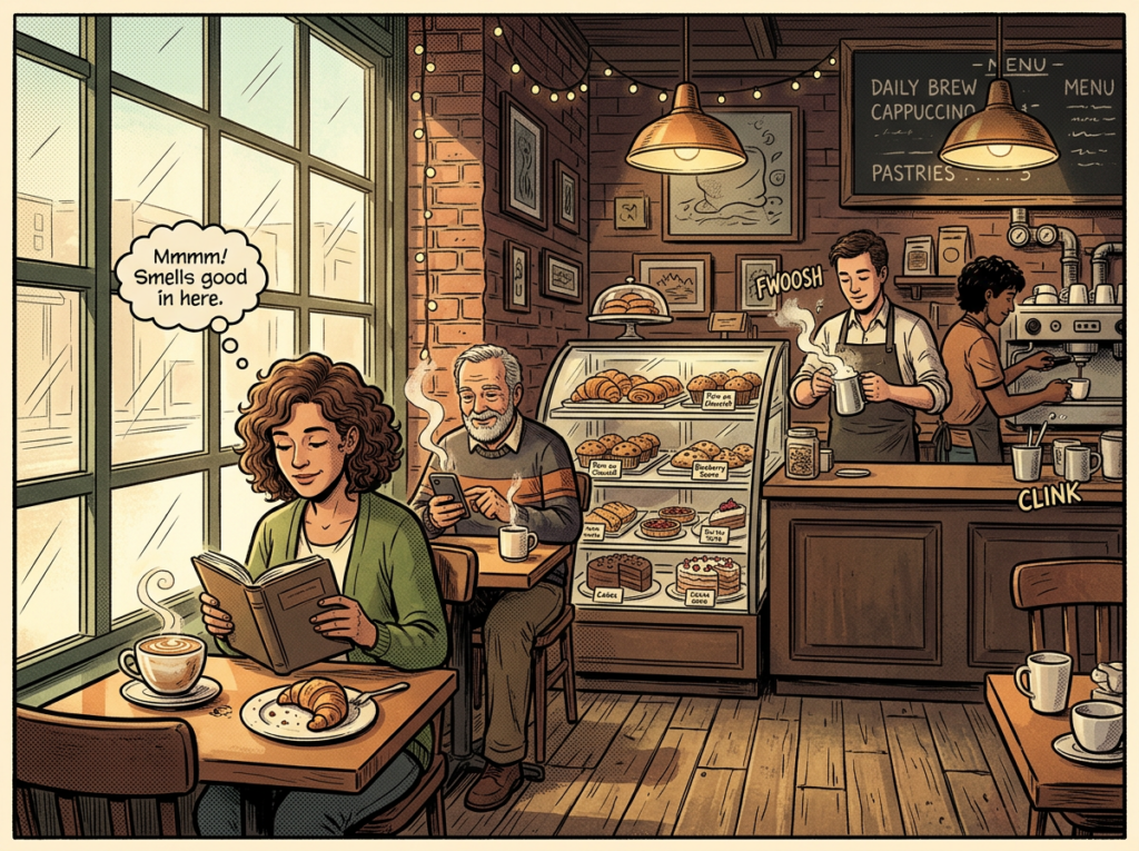 Woman reading book and enjoying coffee at a café with pastries and baristas serving drinks
