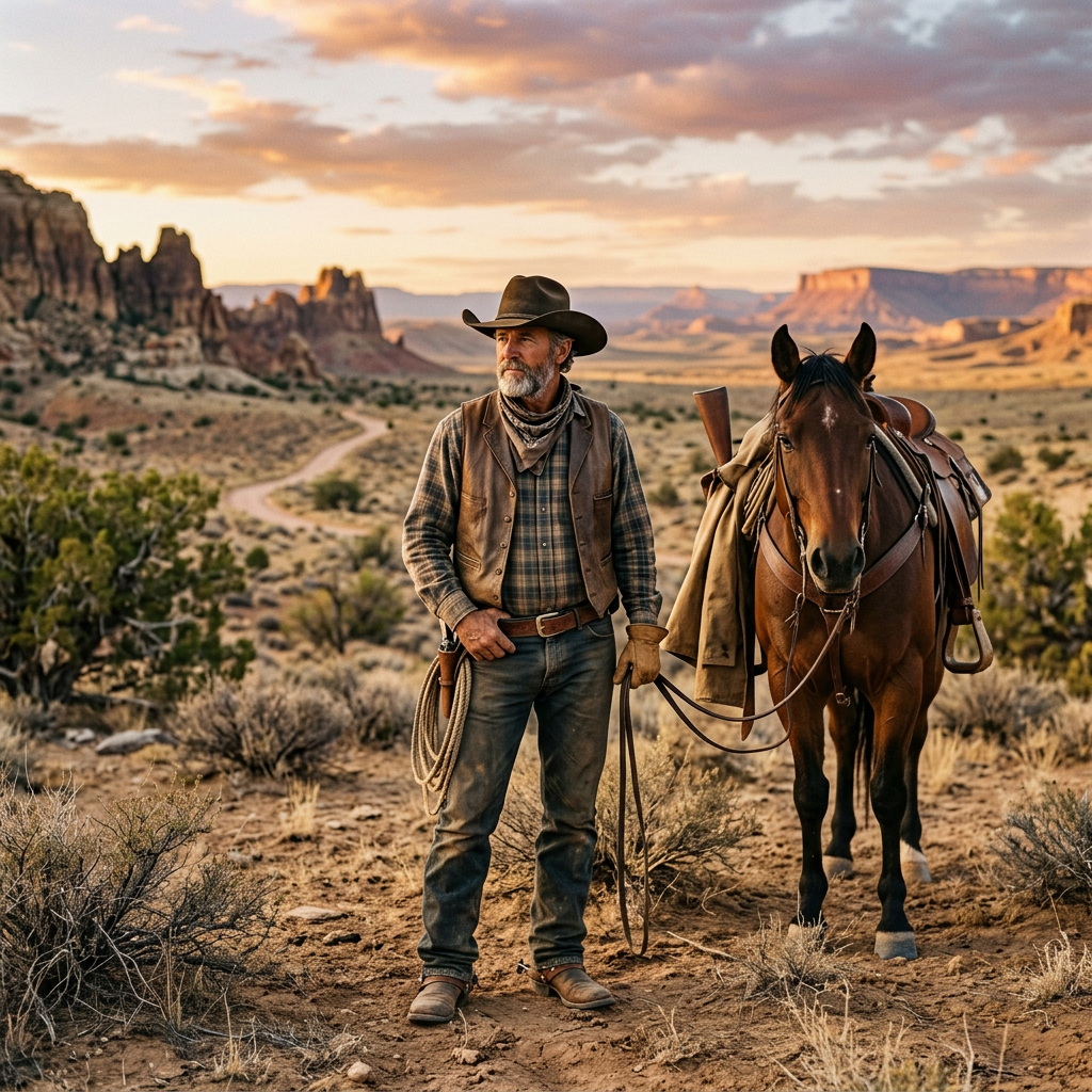 Cowboy in western attire holding a horse's reins in a desert setting with rock formations.