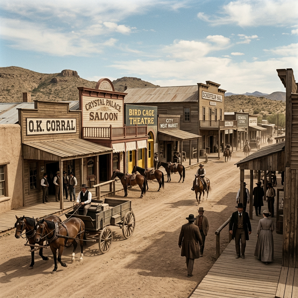 Old West town street with horses, wagon, people, and wooden buildings