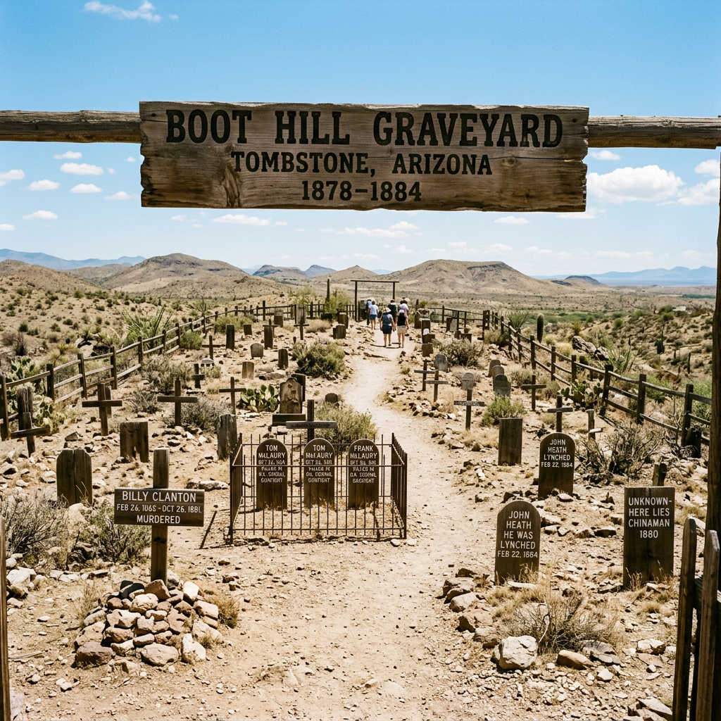 Boot Hill Graveyard in Tombstone, Arizona with wooden sign and old grave markers