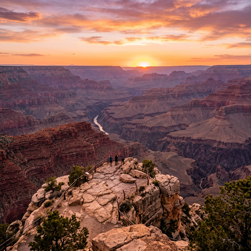 View of the Grand Canyon at sunset with three people standing on a rocky overlook.