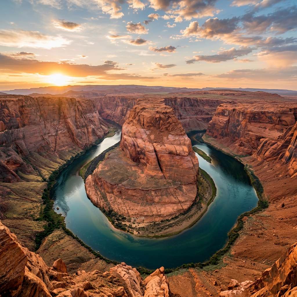 The Colorado River forming a dramatic horseshoe bend surrounded by red rock canyon cliffs at sunset