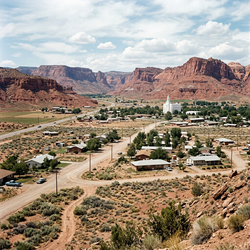 Small desert town with houses, roads, greenery, and red rock cliffs in the background