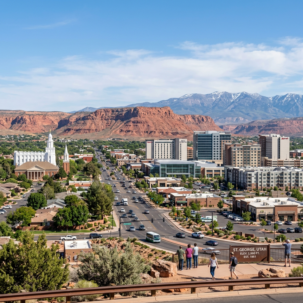 Downtown St. George Utah showing city buildings with red rock cliffs and snow-capped mountains behind