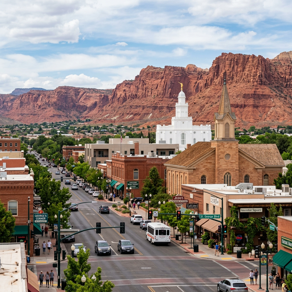 Downtown street in St. George, Utah, with historic buildings and red rock cliffs in background