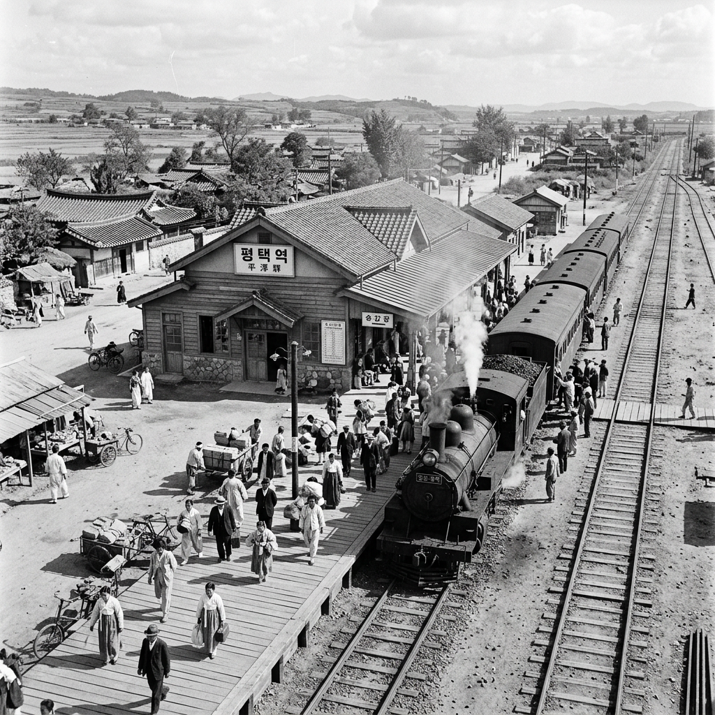Steam train at Pyeongtaek station with people boarding and walking on platform