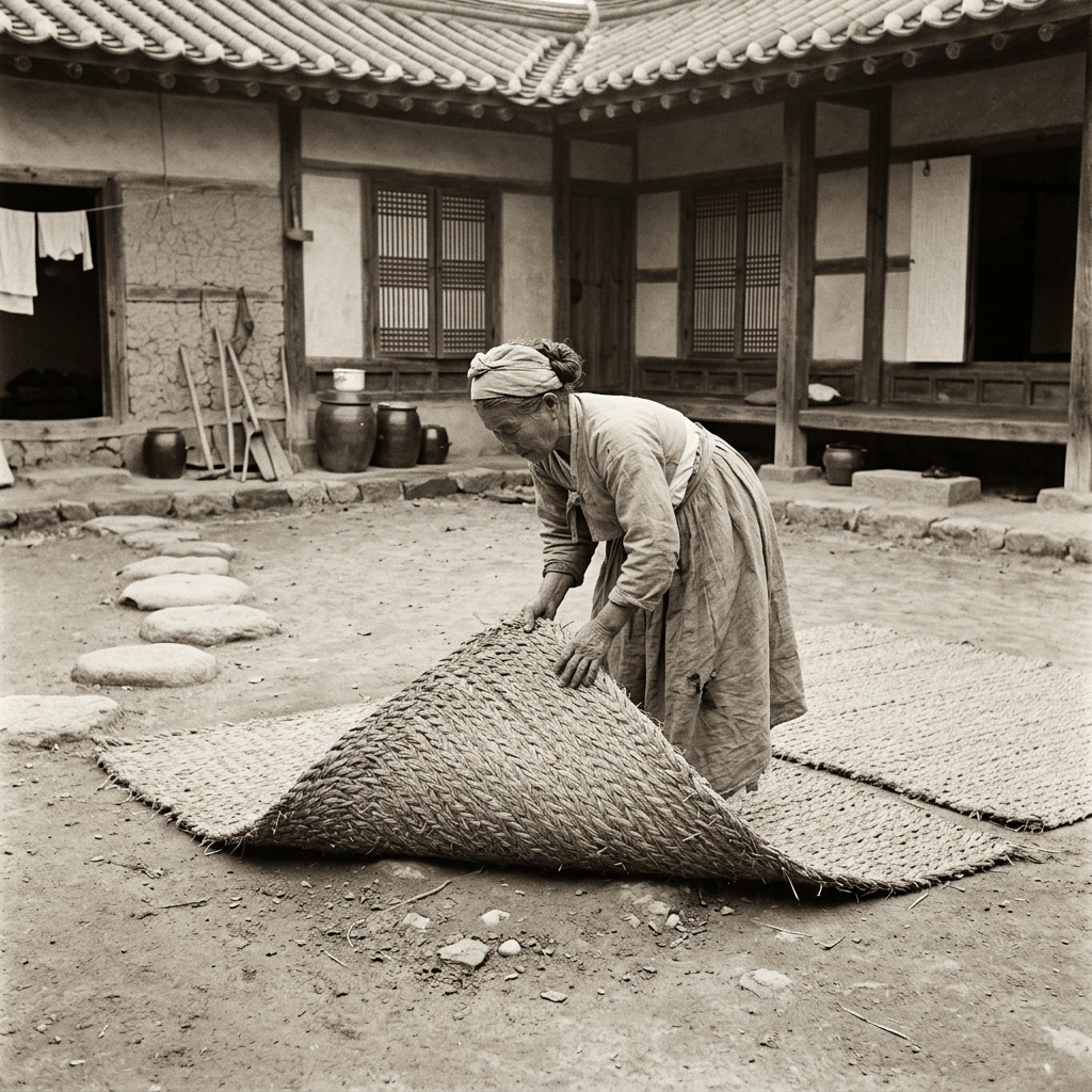 Elderly woman rolling up large woven mat in traditional Korean courtyard