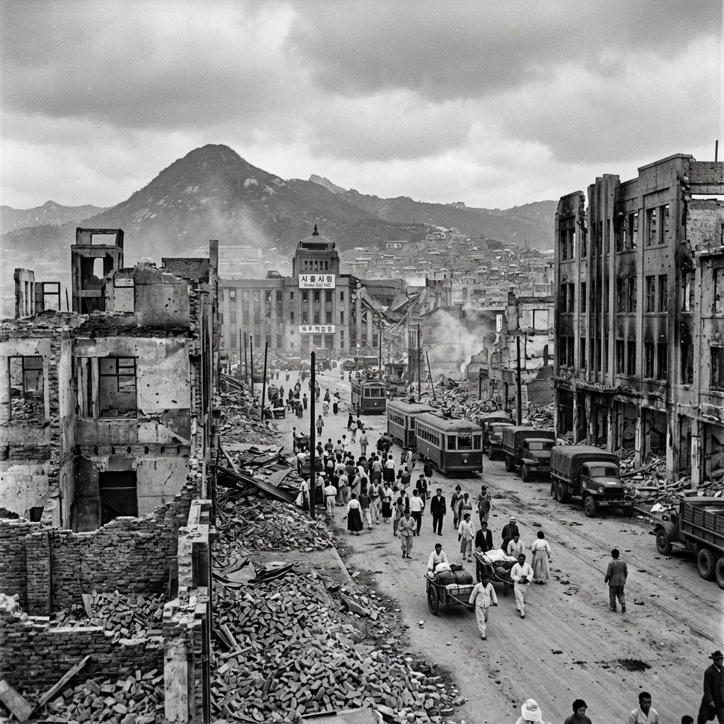 Crowded street with pedestrians, damaged buildings, rubble, buses, and military trucks