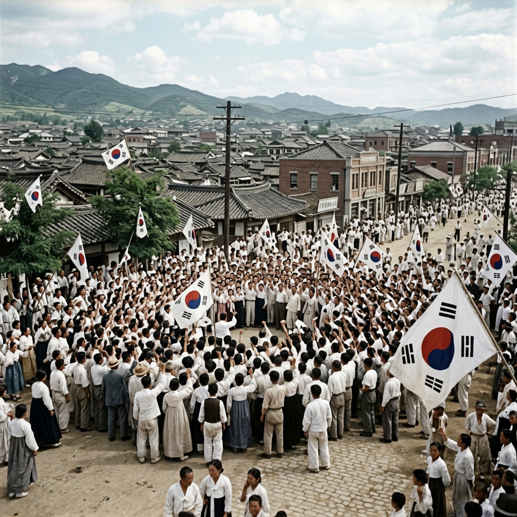 Crowd of people in traditional Korean clothing holding South Korean flags in a town square