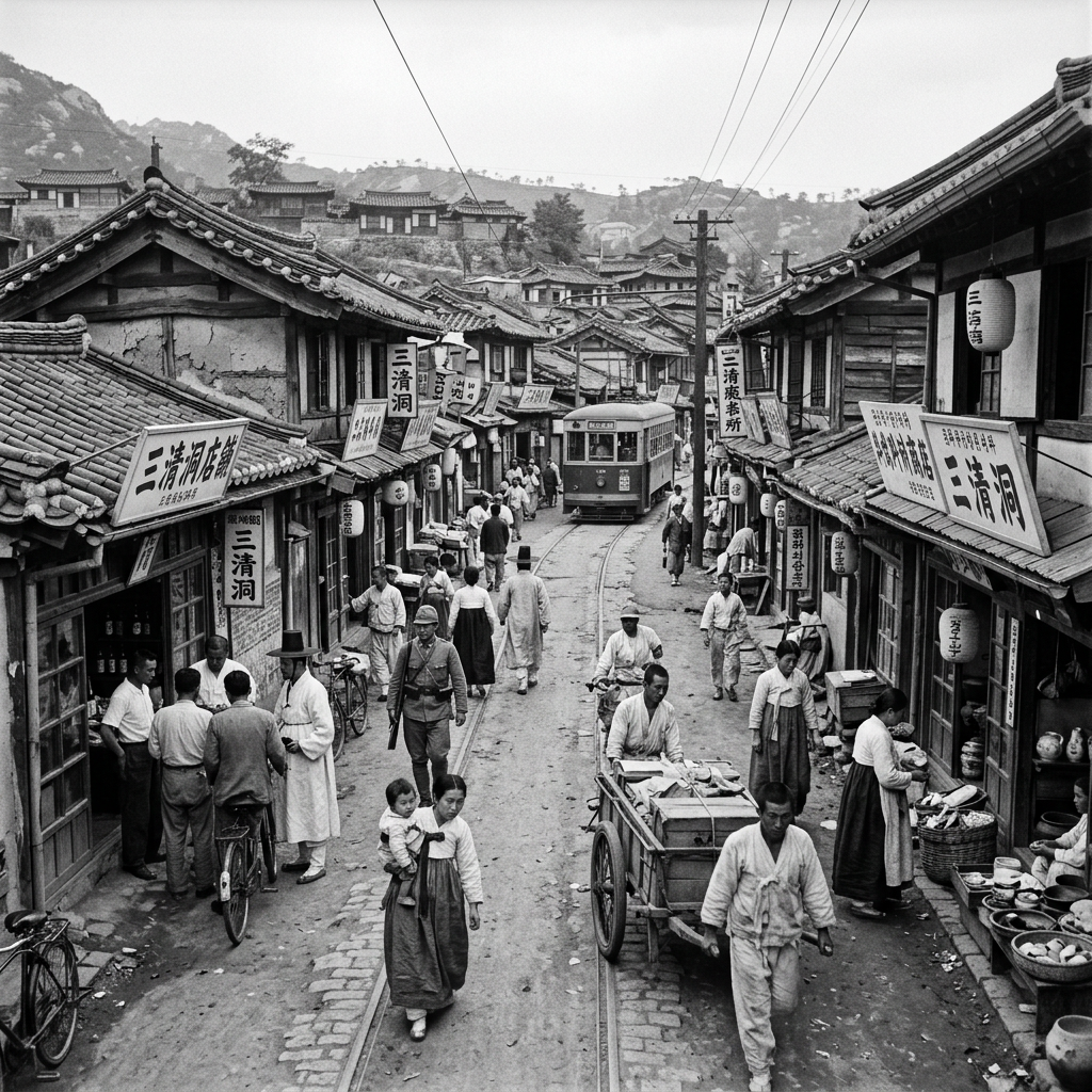 Busy Korean street with people, traditional houses, and tram on tracks