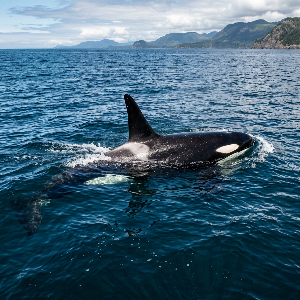 Orca swimming at the ocean surface near mountainous coastline