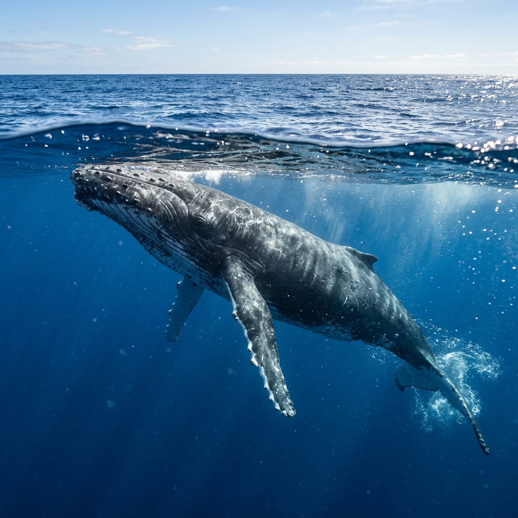 Humpback whale underwater near ocean surface with sunlight