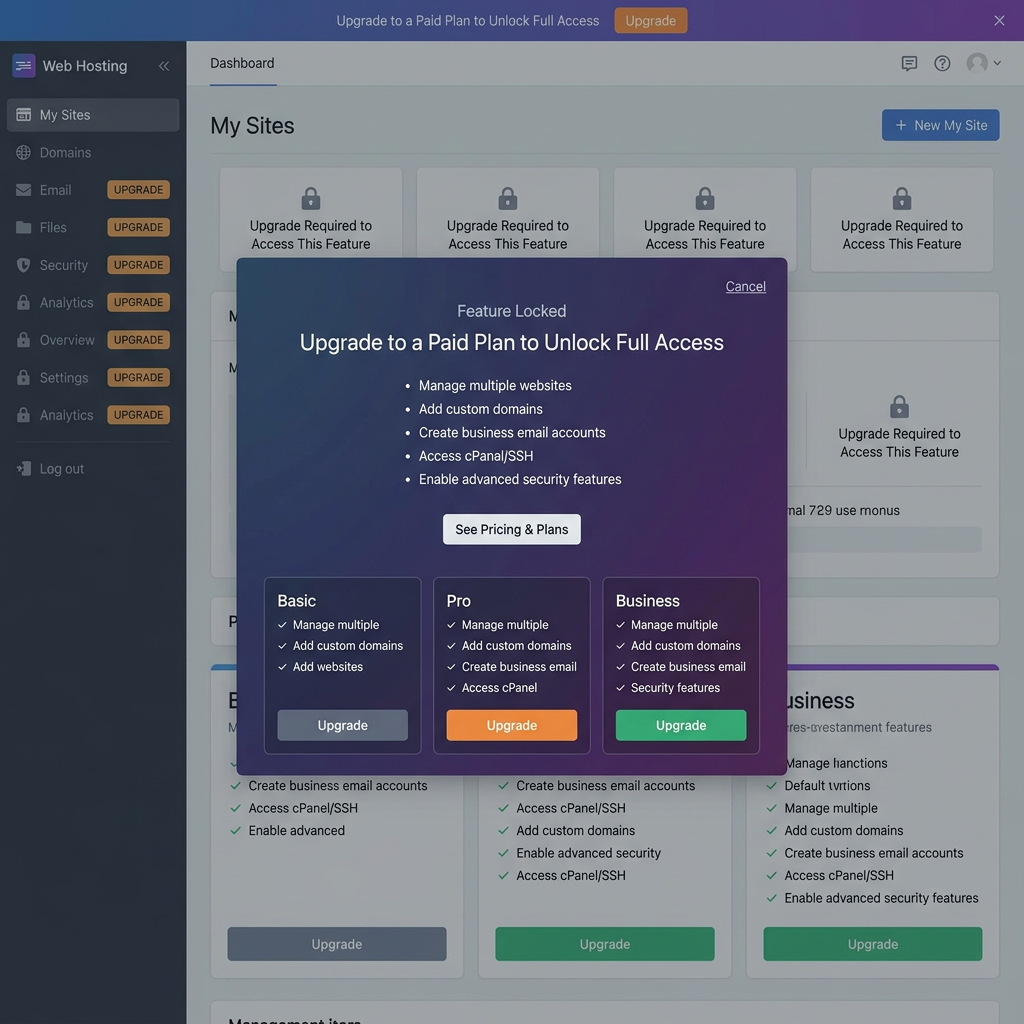 Upgrade to a paid plan dialog with Basic, Pro, and Business options and feature list