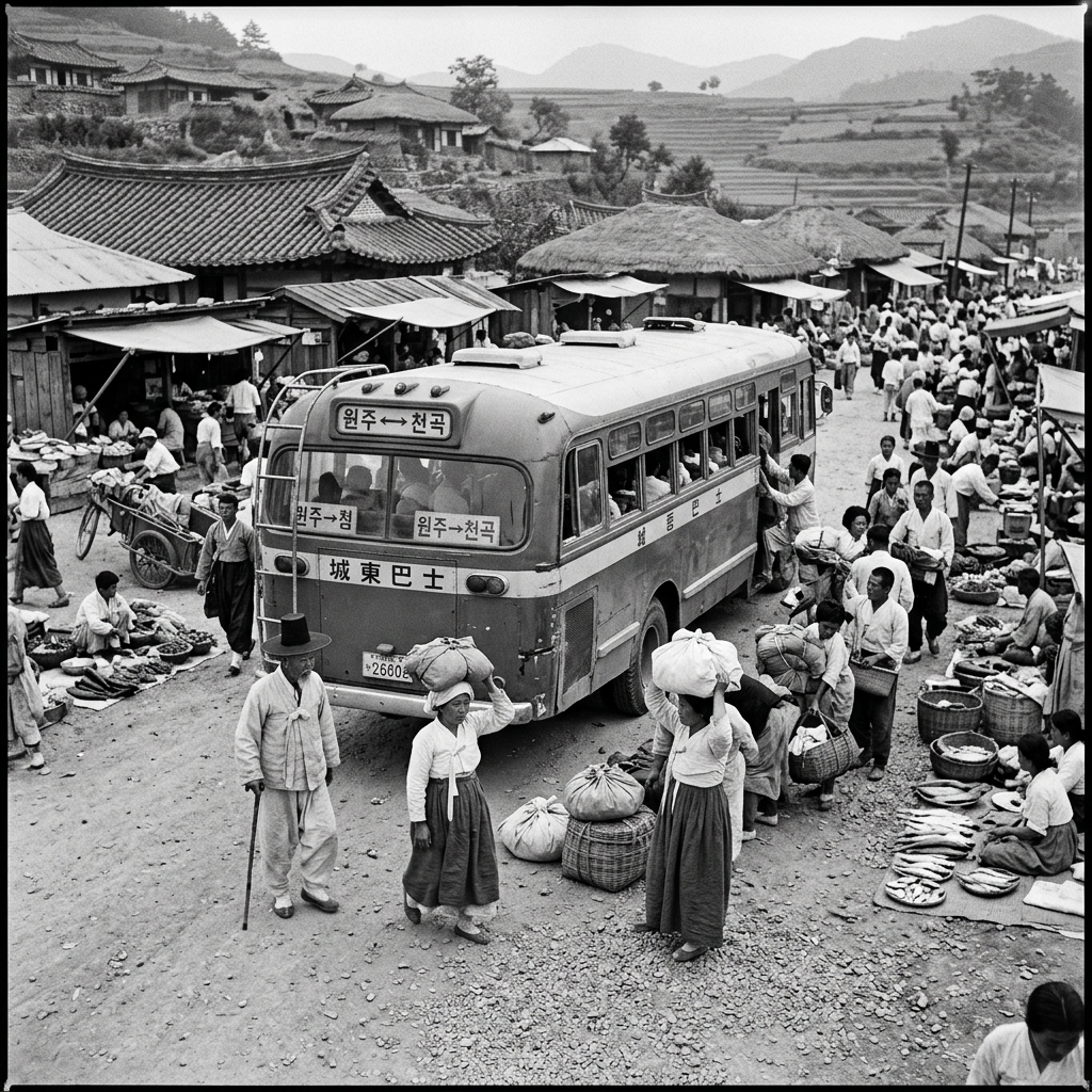 Rural Korean market with a bus and people carrying bundles on heads