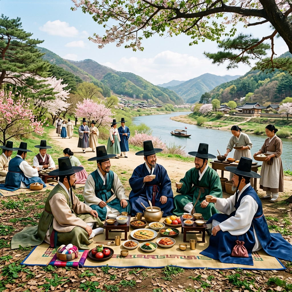 Group of men in hanbok having a picnic by a river with cherry blossoms and mountains