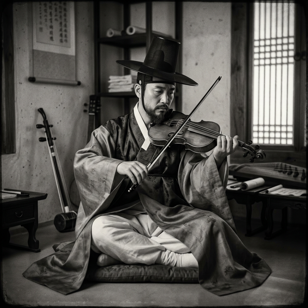 Man in Korean hanbok playing violin while seated on floor indoors