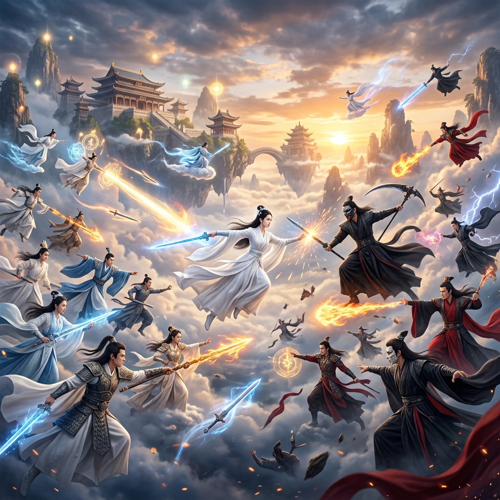 Mystical warriors in white and black robes fighting in the sky with glowing swords and fire magic near floating ancient temples