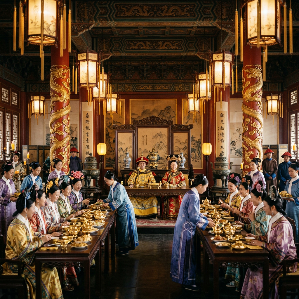A formal banquet with nobles in colorful traditional Chinese attire seated at long tables, served by attendants in a decorated palace hall