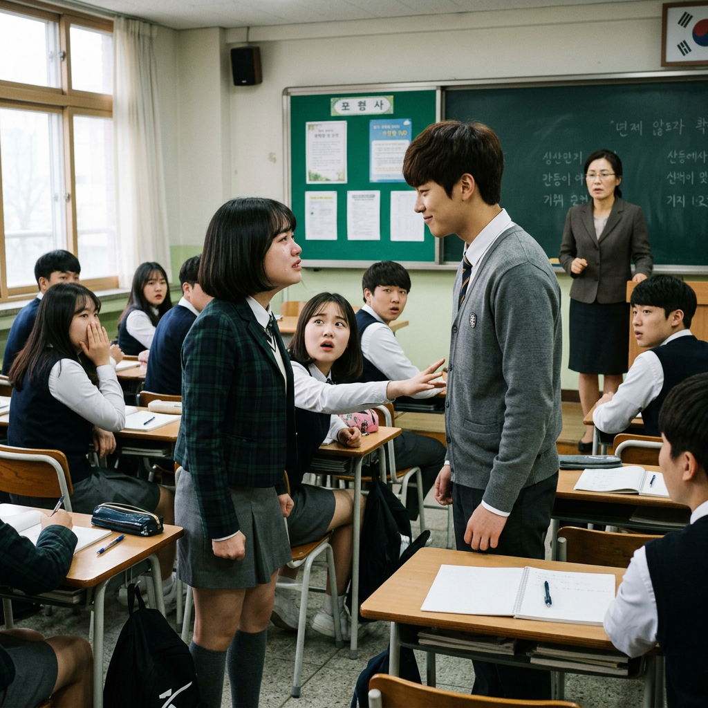Two Korean high school students confront each other in a classroom while other students and a teacher watch.