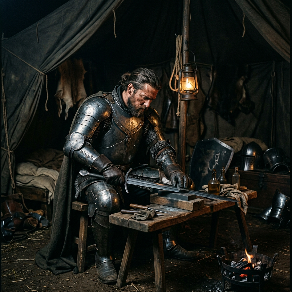 Armored warrior sharpening sword in dark tent