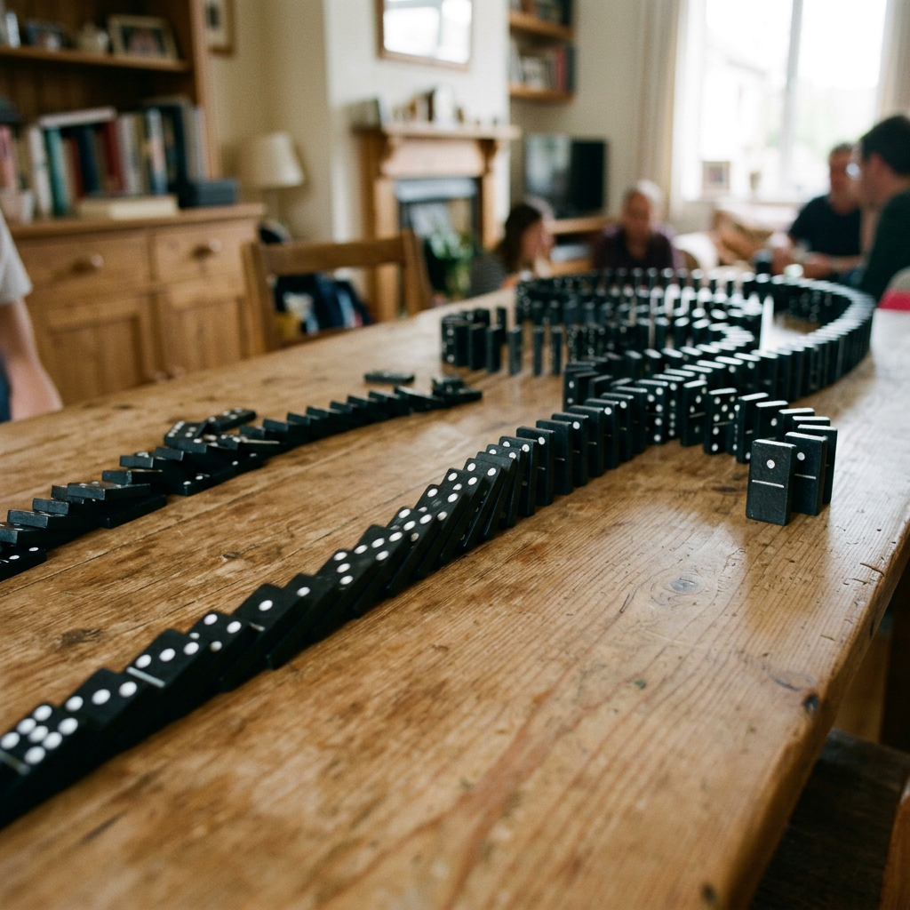 Domino tiles toppling in chain reaction