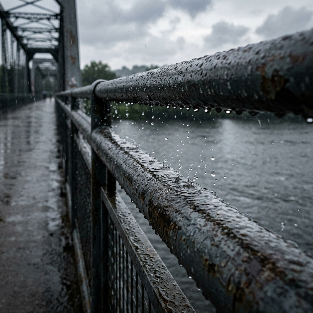 Wet iron railing of a bridge with raindrops splashing on it over a river