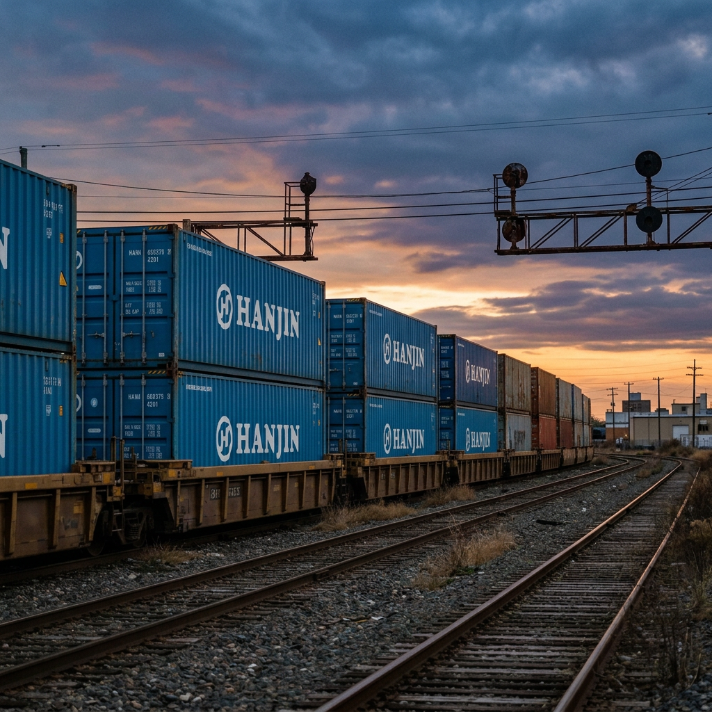 Freight train on railway tracks with stacked blue Hanjin shipping containers under a dramatic sunset sky