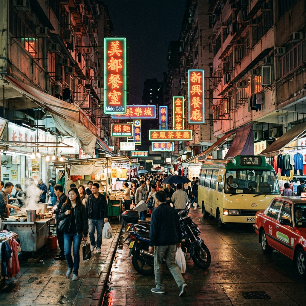 Crowded night market street in Hong Kong with neon signs, food vendors, motorcycles, and pedestrians.