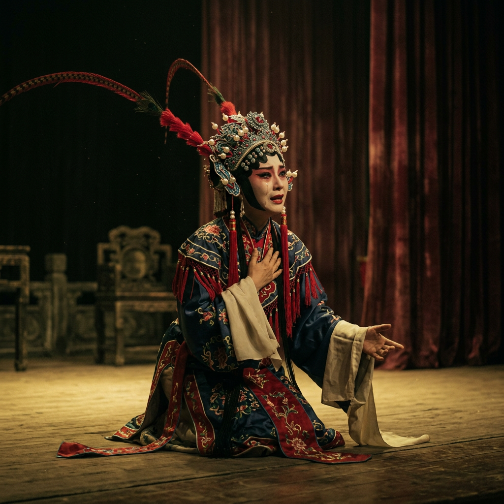 Performer in traditional Chinese opera costume kneeling on stage with expressive face