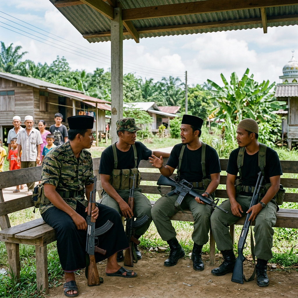 Four armed militia members sitting under a wooden shelter in a rural village