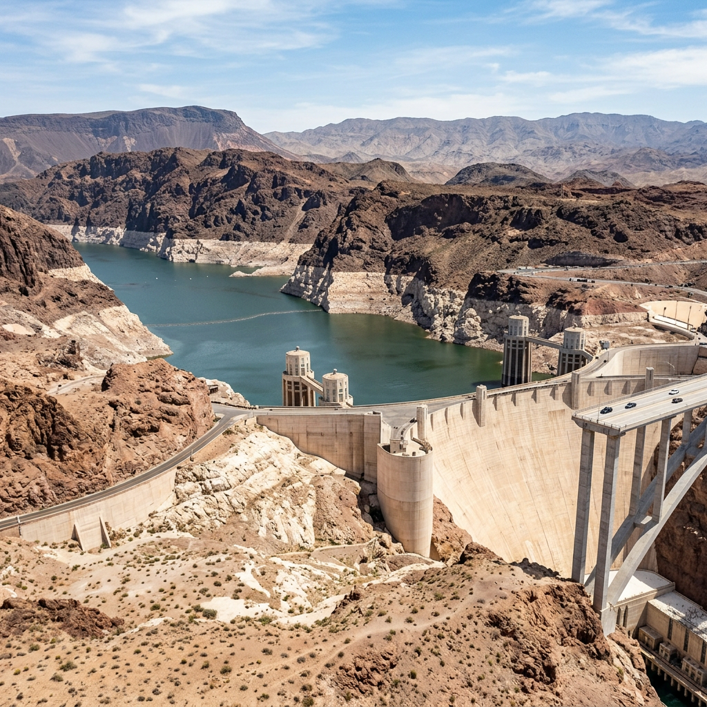 Hoover Dam with reservoir and desert mountains in background