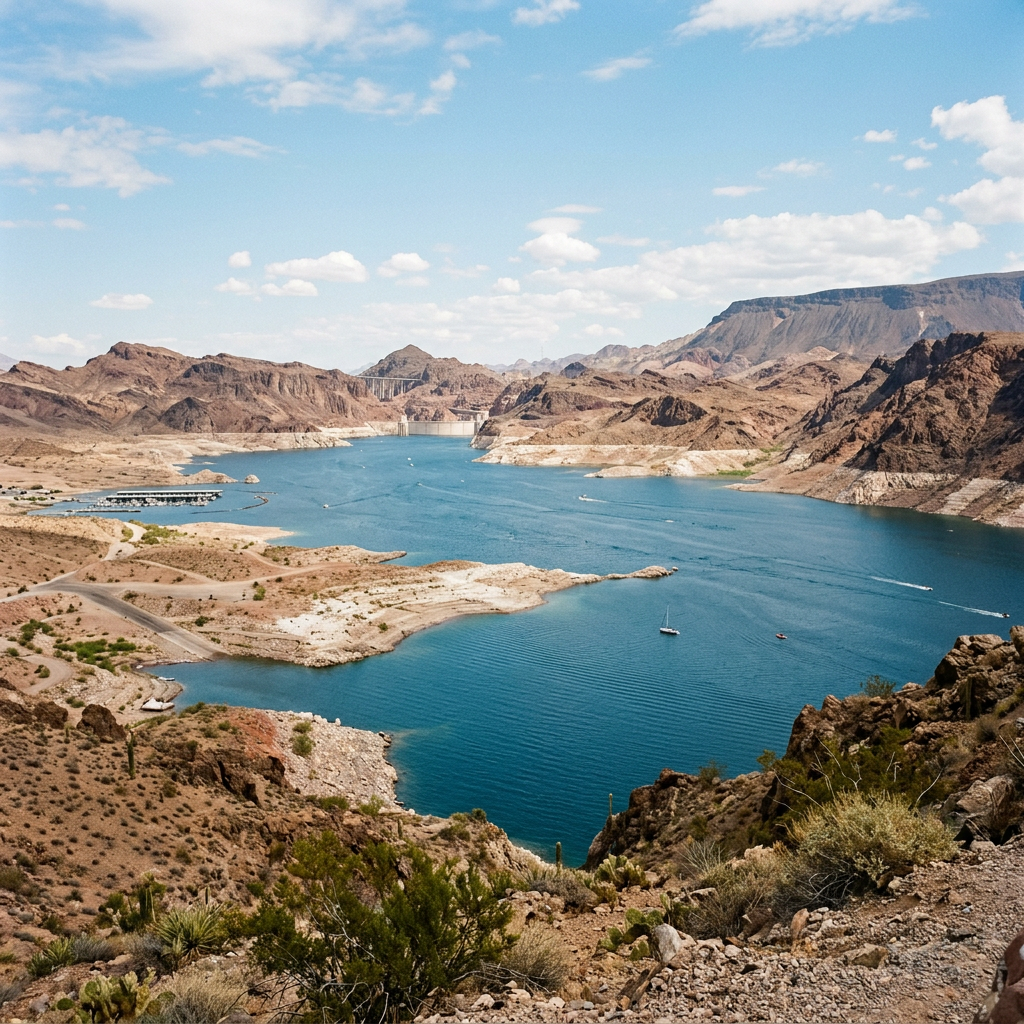 Lake Mead reservoir with surrounding desert mountains and Hoover Dam in the distance under blue sky