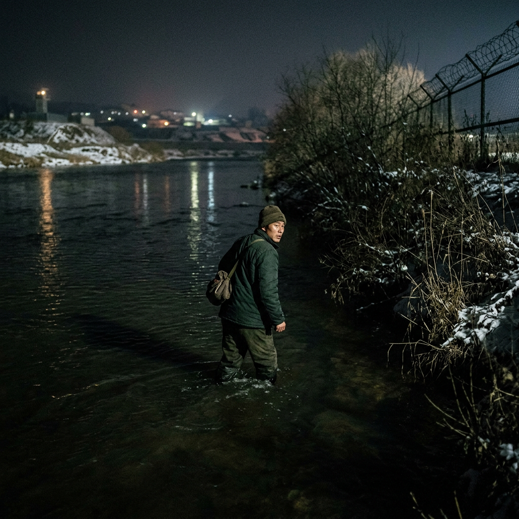 Man in winter clothing wading through a river at night next to a fence with barbed wire