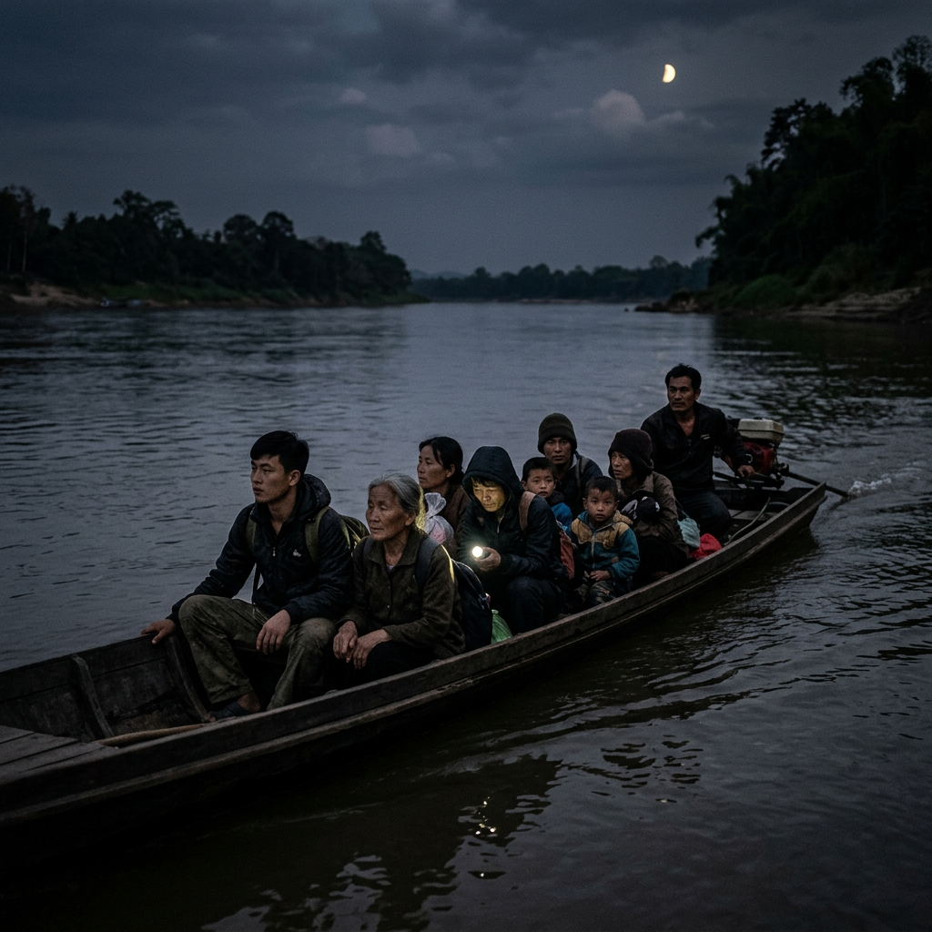 Nine people, including children and adults, in a wooden boat on a river at night with one person holding a flashlight.