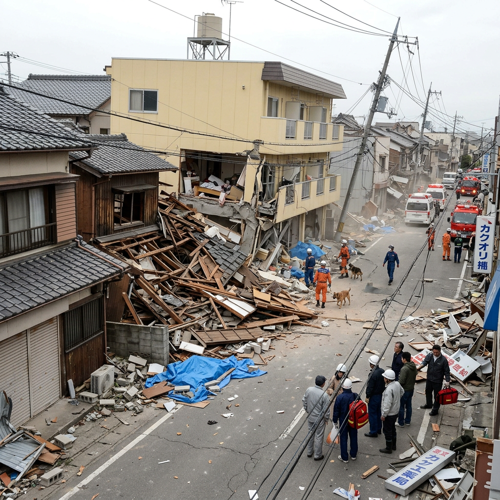 Collapsed buildings and emergency responders on a street after an earthquake