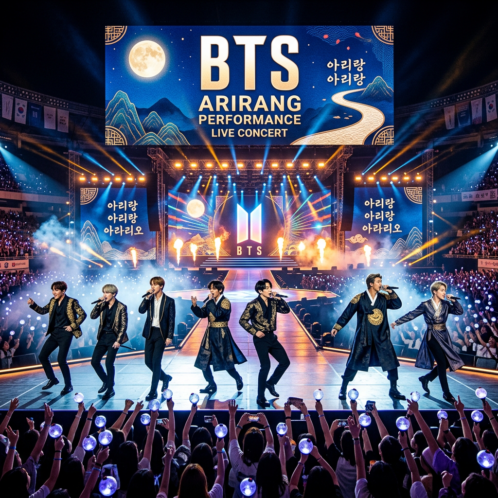BTS performing on stage during Arirang live concert with bright lights and audience holding light sticks