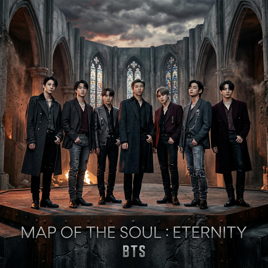 Seven members of BTS standing on stage with gothic background and stained glass windows