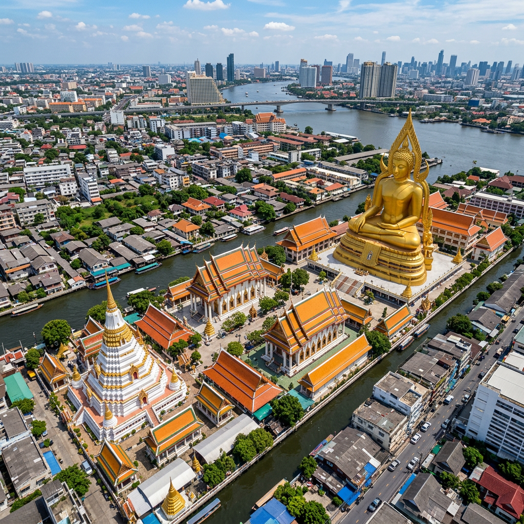 Golden Buddha statue and adjacent temple buildings beside a river in a city