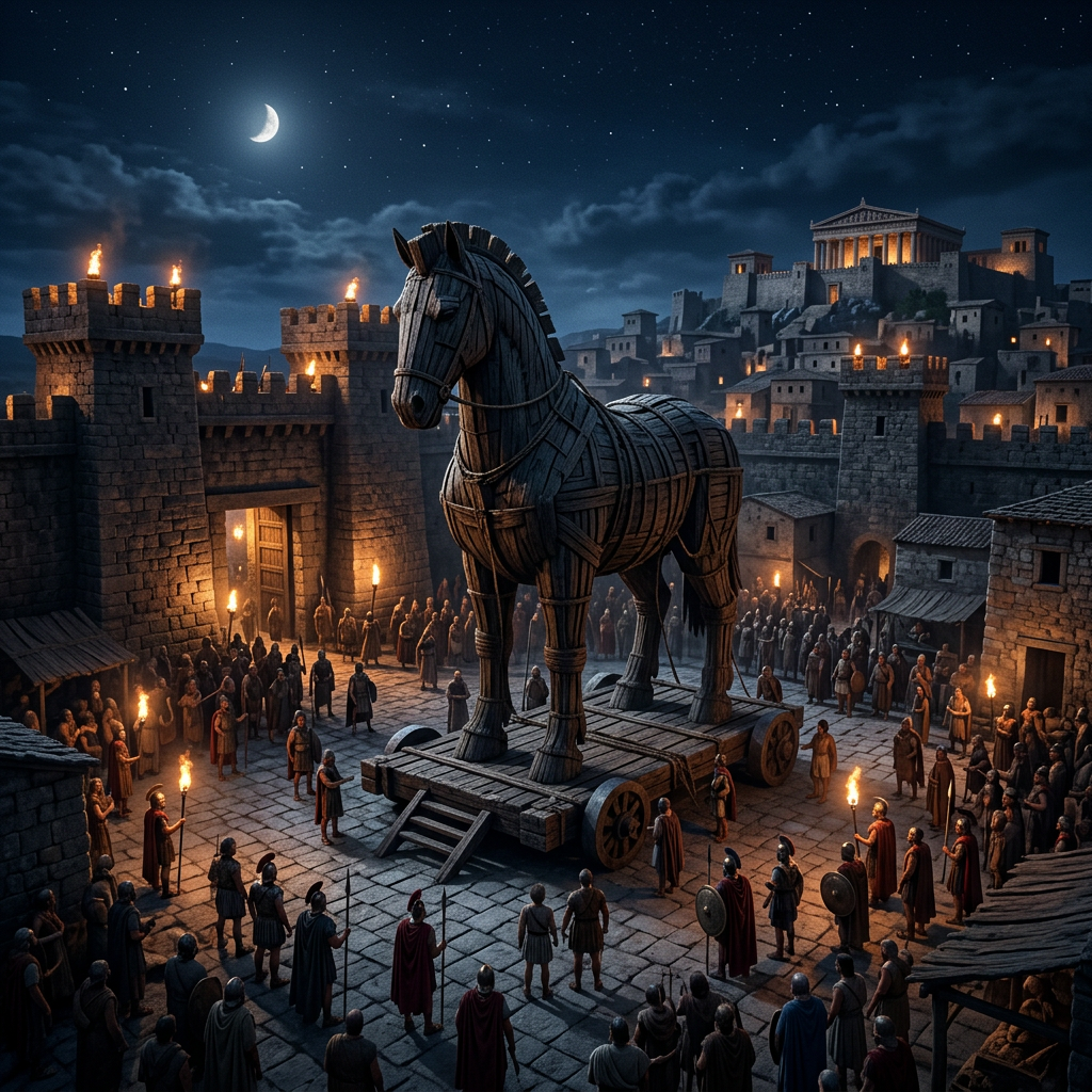 Large wooden Trojan horse on wheels at ancient city gates surrounded by people with torches