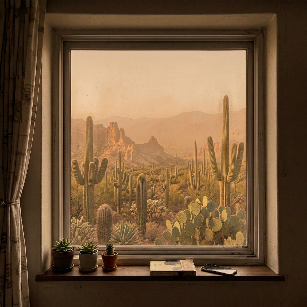 Three small potted plants, a book, and a smartphone on a window ledge with city buildings outside