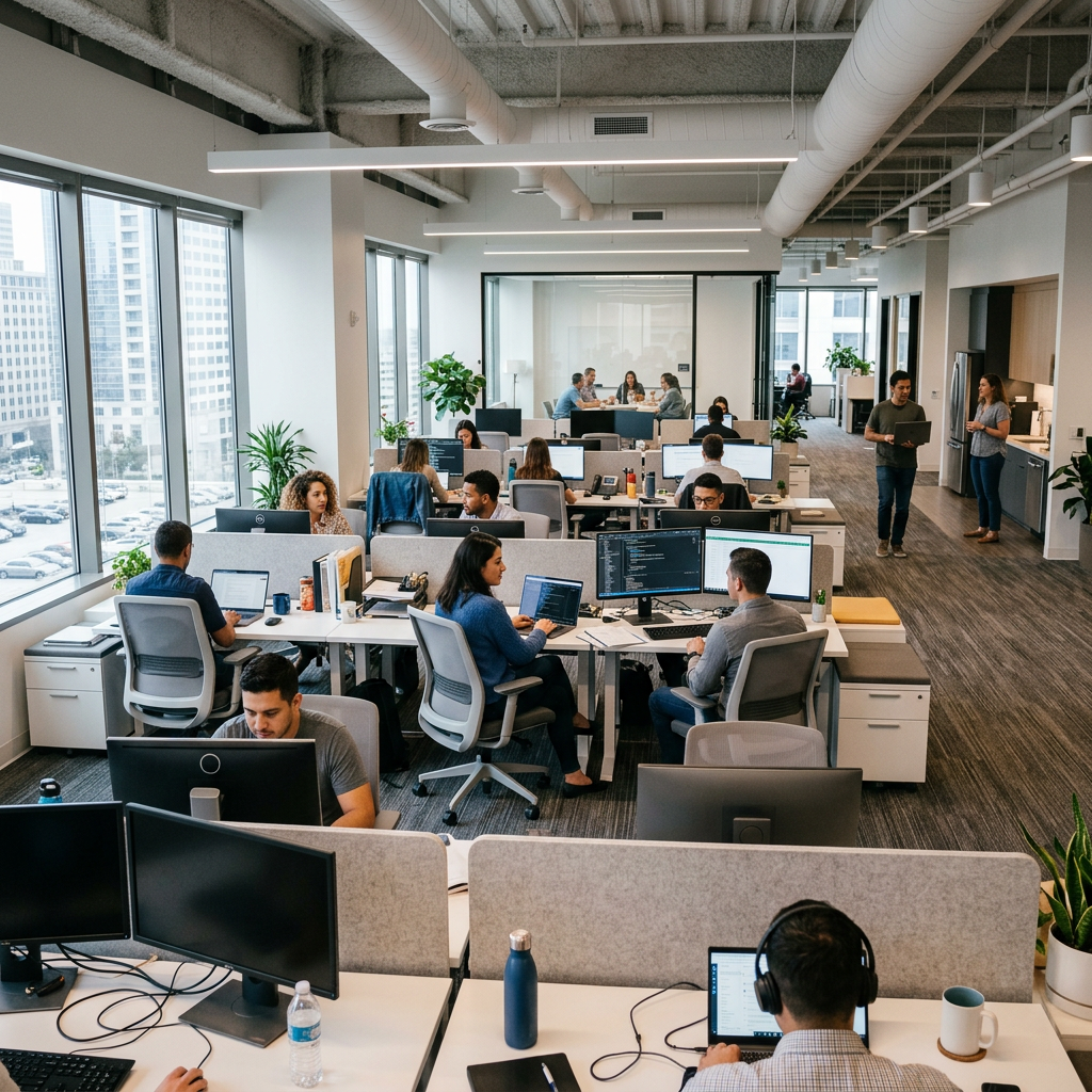 Open office with multiple employees working at desks and computers