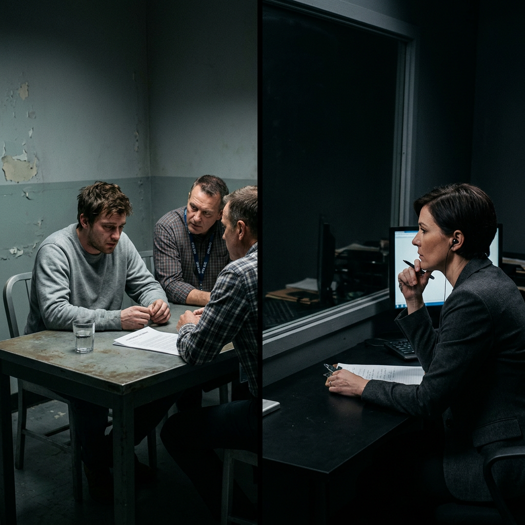 Suspect being interrogated by two detectives in a dim room while an observer watches from separate room