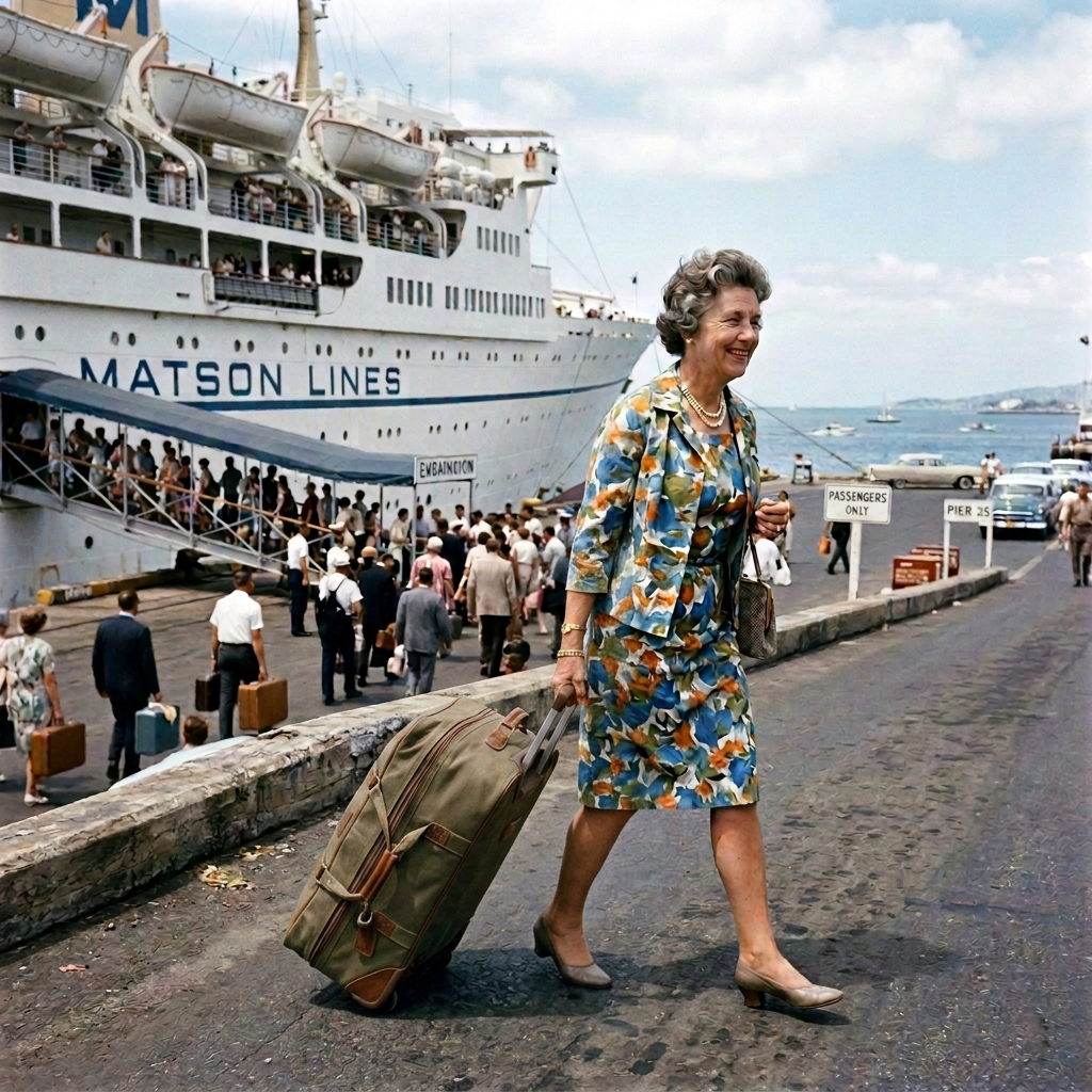 Woman in floral dress carrying large bag walking on dock near Matson Lines ship