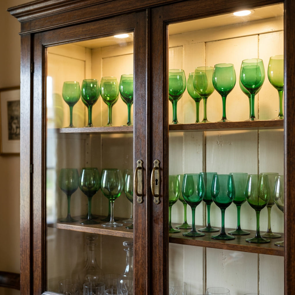 Wooden cabinet with glass doors displaying green wine glasses on shelves