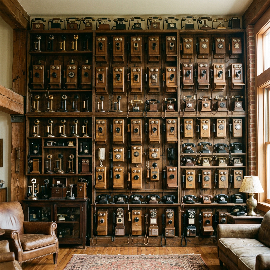 Wall covered with various antique and vintage telephones on wooden shelves