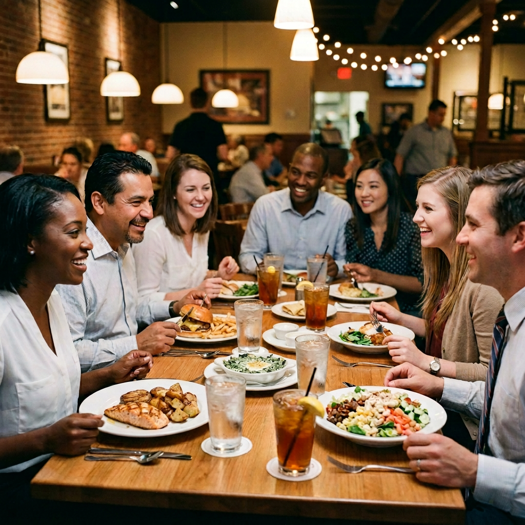 Six people smiling and eating various dishes at a restaurant table