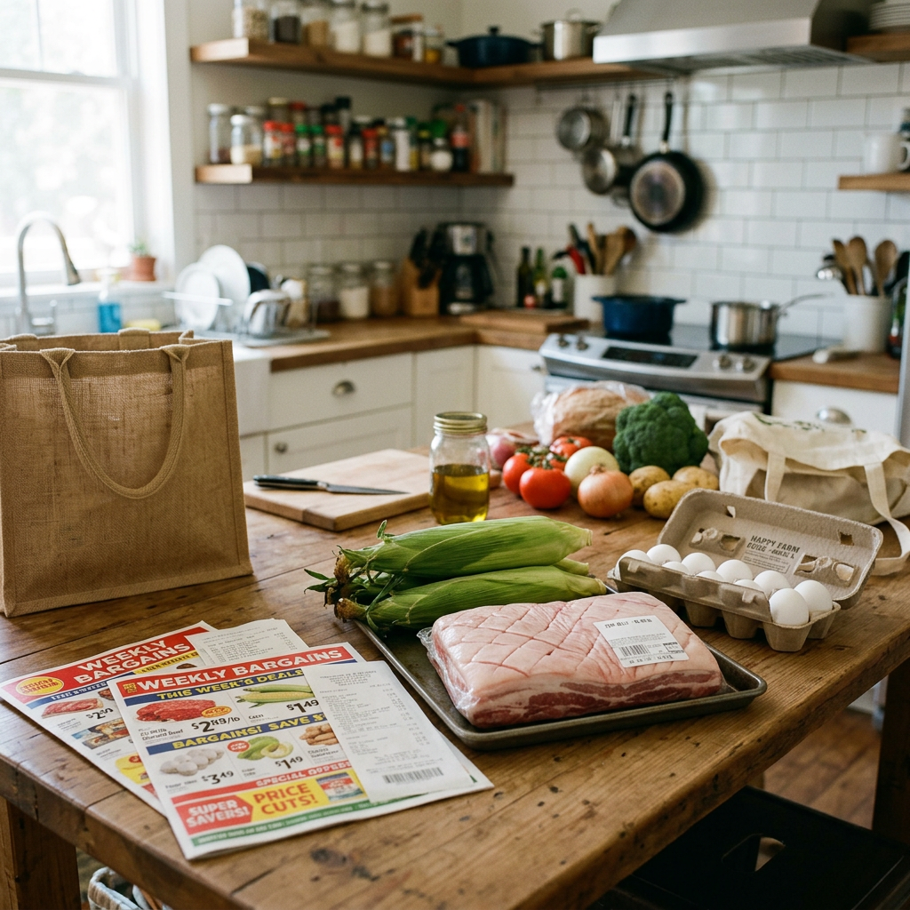 Fresh vegetables, meat, eggs, and weekly deals flyer on a wooden kitchen table