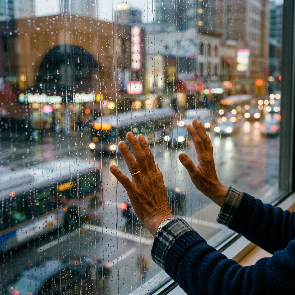 Elderly hands on rain-covered window looking at busy city street with vehicles and lights