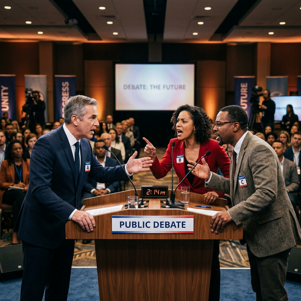 Three participants in a public debate passionately discuss future policies at a podium