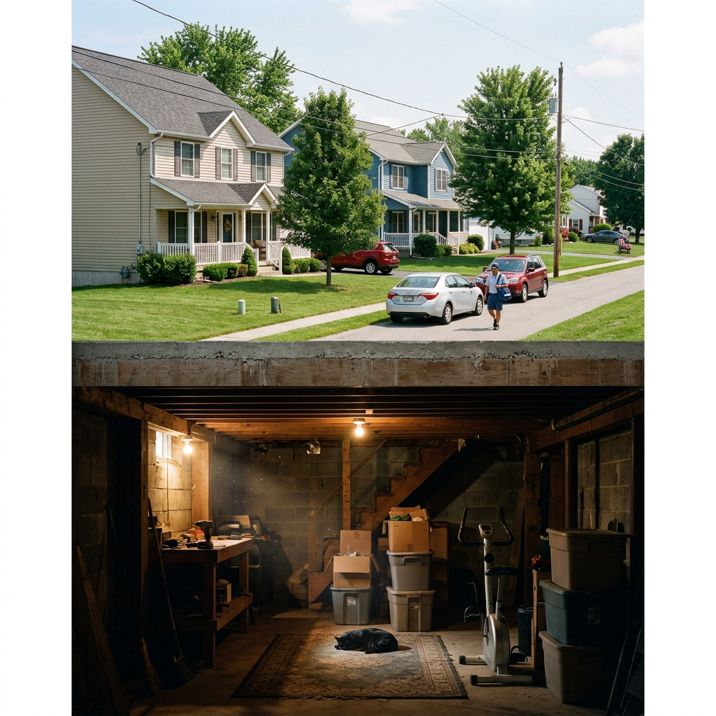 Suburban houses with green lawns, cars parked on the street, and a person walking; basement room with storage boxes, exercise bike, and a dog lying on a rug